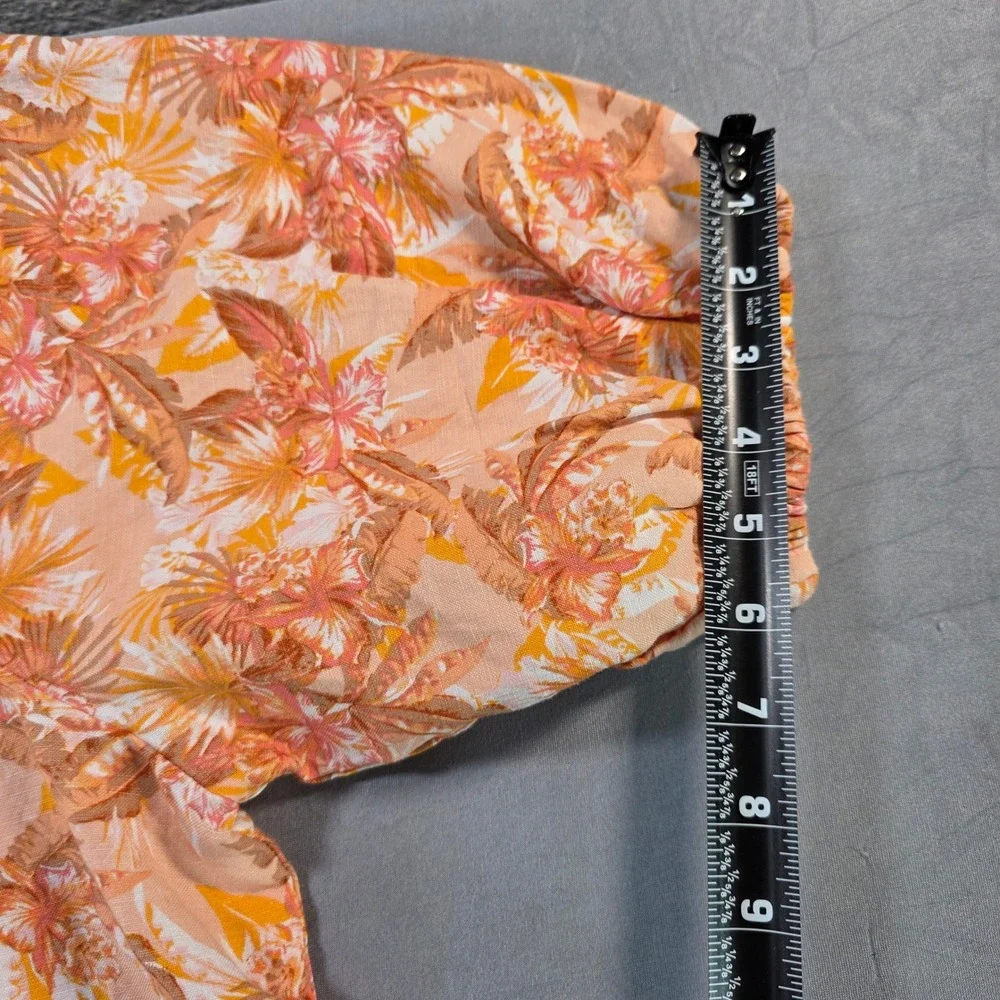 LOFT Womens Orange Tropical Floral One Shoulder Linen Blend Puff Sleeve  M NEW